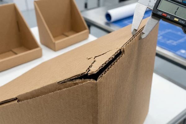 Corrugated Cardboard Fold Failure Brown corrugated B-flute cardboard with a cracked fold, measured by a digital caliper for thickness, highlighting packaging failure.