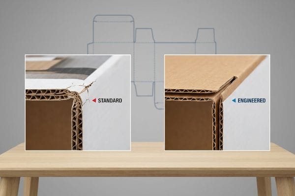 Les coins d'une boîte en carton ondulé présentent un pli standard fissuré par rapport à un pli technique lisse, ce qui met en évidence une intégrité structurelle supérieure.