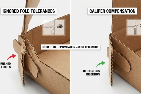 Corrugated box comparison: Ignored Fold Tolerances with crushed flutes vs. Caliper Compensation for frictionless insertion, optimizing structure and reducing cost.