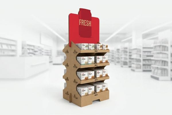 Natural brown corrugated cardboard end cap display with four tiers of Fresh product boxes, featuring a red header.
