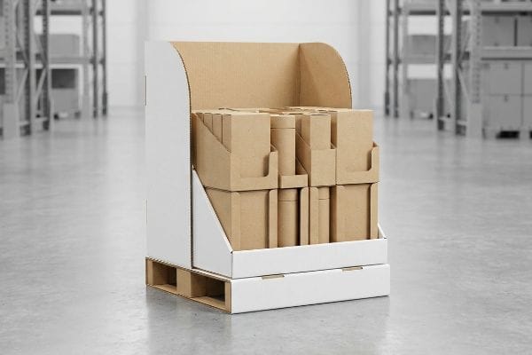 White and kraft corrugated cardboard fractional pallet display unit filled with brown product boxes in a warehouse setting.
