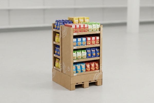 Natural brown corrugated cardboard fractional pallet display showcasing various snack bags like Lay's and Doritos in a retail setting.