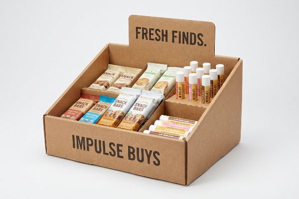 A corrugated cardboard countertop display showcases Fresh Finds snack bars and Lip Balm impulse buys, featuring organic options.