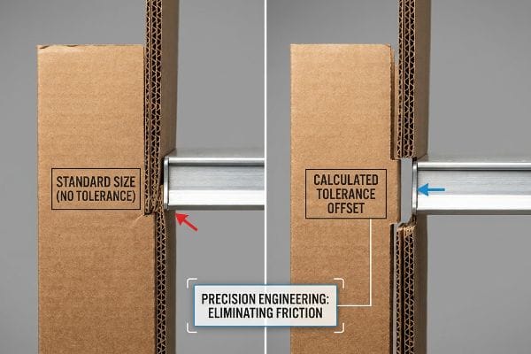 Corrugated board comparison: Standard Size (No Tolerance) friction versus Calculated Tolerance Offset clearance.