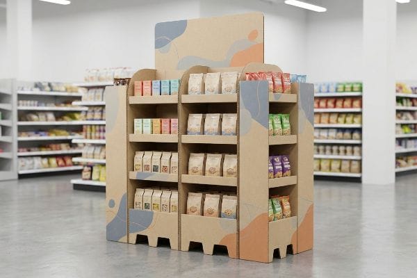 A corrugated FSDU with abstract blue and orange designs displays various packaged food products in a retail store aisle.