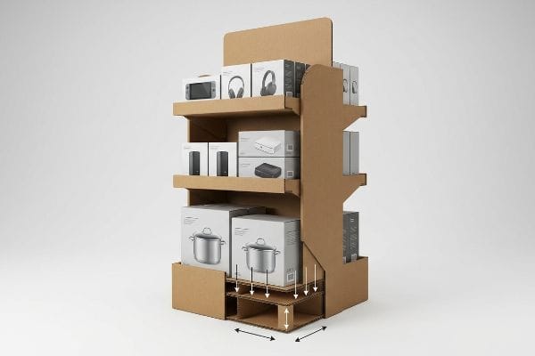 Un présentoir FSDU robuste en carton ondulé brun met en valeur les produits, soulignant sa base à double paroi avec des flèches indiquant le support structurel des articles lourds et la répartition du poids.