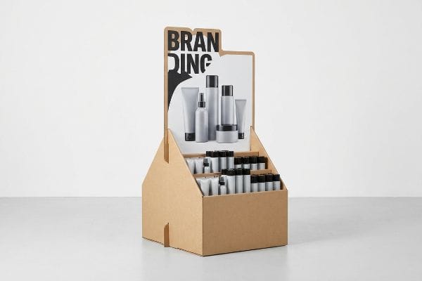 Présentoir à produits en carton ondulé brun avec un