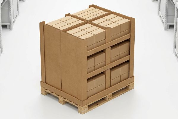 Corrugated full pallet display with brown shipping boxes on a wooden pallet in a warehouse.