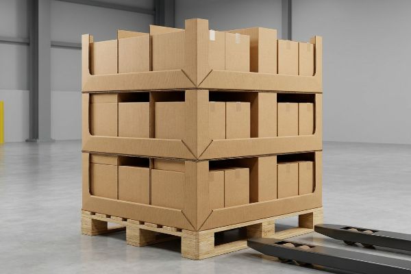 A large full-pallet display, constructed from corrugated cardboard and filled with numerous brown shipping boxes, stands on a wooden pallet in a spacious warehouse with forklift prongs visible.