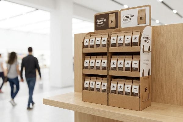 A bright retail store displays a corrugated point-of-purchase unit, fully stocked with 'Generic Brack' coffee bags.
