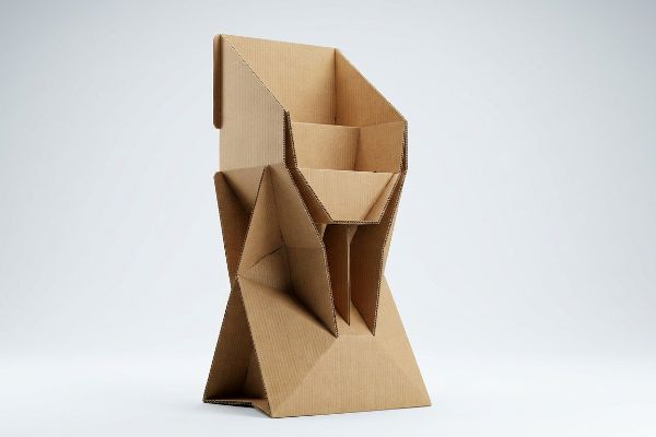 Natural brown corrugated cardboard floor display unit featuring a complex, folded geometric base and multi-tiered shelving for retail packaging.