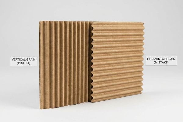 Corrugated paperboard showing correct vertical grain (Pro Fix) for PDQ material versus incorrect horizontal grain (Mistake) for structural stability.