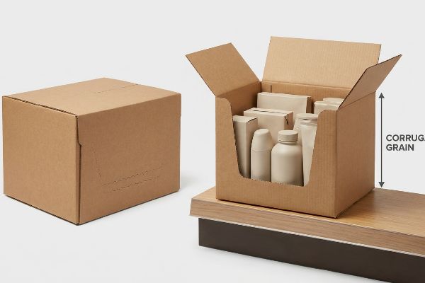 Brown corrugated cardboard boxes, one closed shipping box and an open shelf-ready display box with products, highlighting Corrug. Grain.