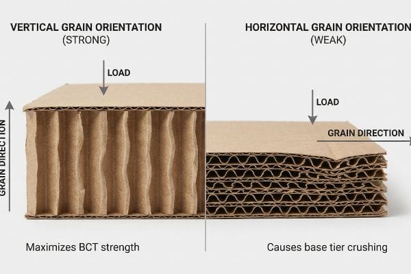 Corrugated board sections illustrate Vertical Grain Orientation (Strong) maximizing BCT strength, contrasted with Horizontal Grain Orientation (Weak) causing base tier crushing under load.