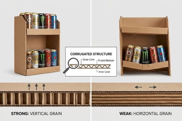 Corrugated cardboard's structural integrity is demonstrated, comparing a strong retail display with Vertical Grain to a weak, sagging one with Horizontal Grain, detailing the Fluted Medium, Outer Liner, and Inner Liner.