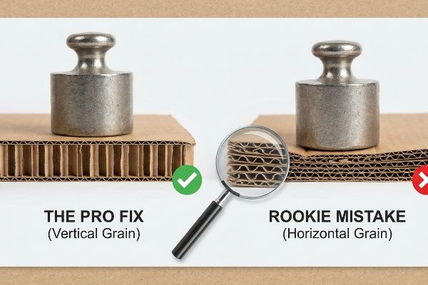 Corrugated cardboard sections illustrate The Pro Fix (Vertical Grain) for maximum compression strength, contrasted with Rookie Mistake (Horizontal Grain) magnified.
