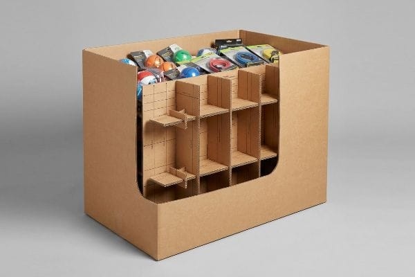 Corrugated cardboard dump bin with an H-divider internal reinforcement, filled with packaged sporting goods for retail merchandising.