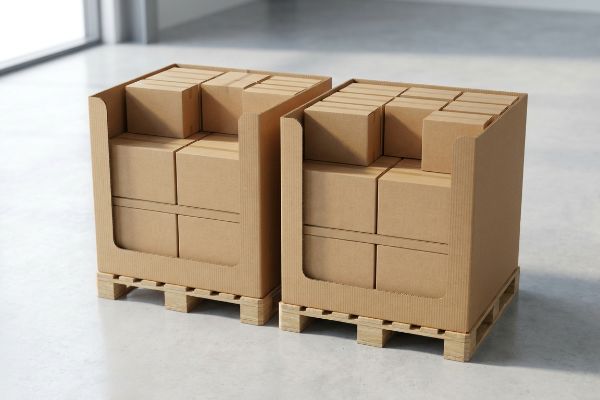 Standing on wooden pallets, two corrugated half-pallet displays are filled with brown cardboard boxes.