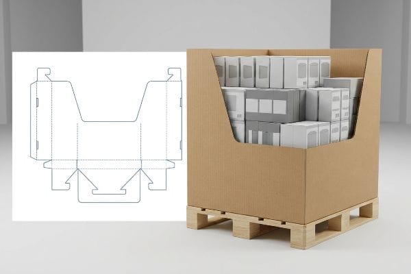 A retail half pallet display, made from corrugated cardboard, filled with white and grey product boxes, sits on a wooden pallet next to its die-cut blueprint.