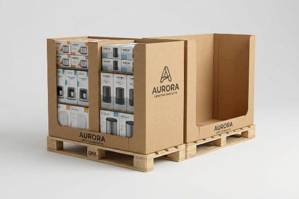 Corrugated cardboard half pallet display for Aurora Lifestyle Products, filled with boxed items and an empty section, resting on a wooden GMA base.
