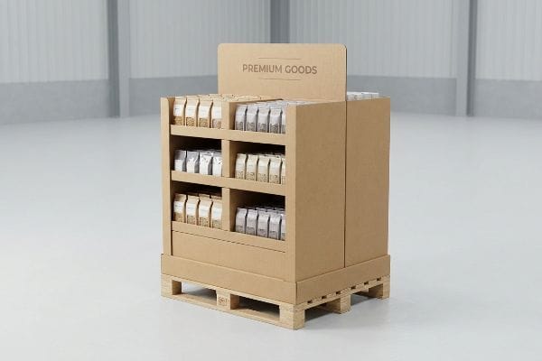 Présentant des produits haut de gamme, un présentoir en demi-palette ondulée contient des produits emballés sur une palette en bois.
