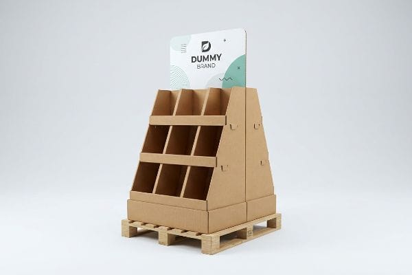 Présentoir demi-palette en carton ondulé comportant deux niveaux d'étagères, un