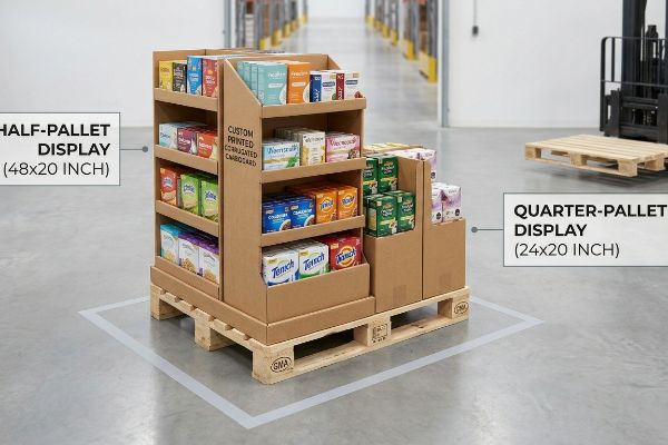 Custom Printed Corrugated Cardboard Half-Pallet Display (48x20 Inch) and Quarter-Pallet Display (24x20 Inch) on GMA pallets in a warehouse.
