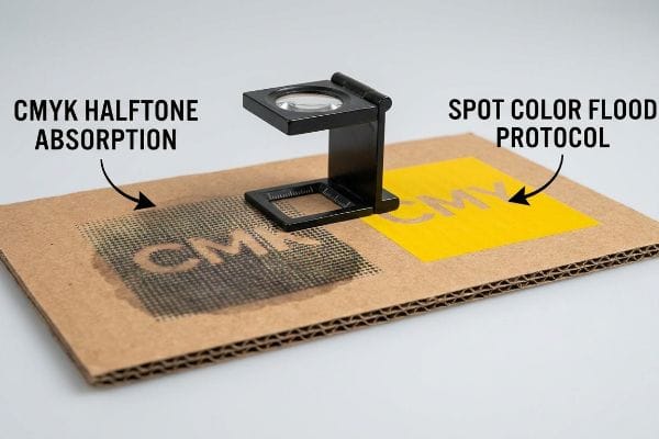 Corrugated cardboard shows CMYK Halftone Absorption under a loupe, contrasting with a smooth Spot Color Flood Protocol print.