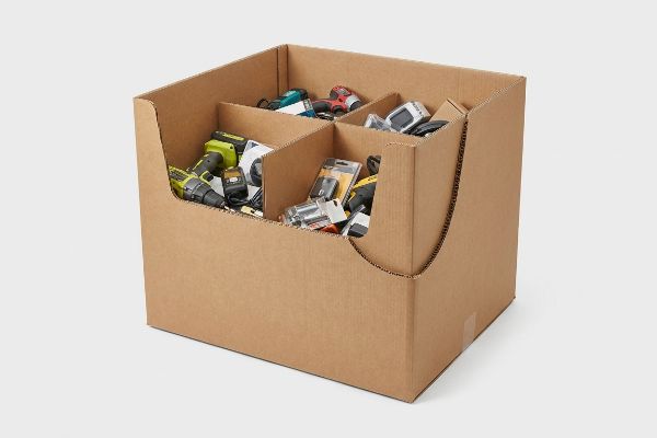 Brown corrugated cardboard bin with internal load-bearing cross dividers, filled with various power tools and hardware liquidation stock.