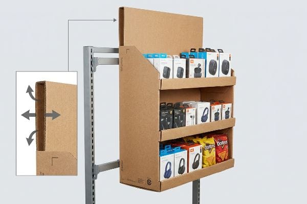 Corrugated cardboard power wing display, attached to a metal end-cap, features JBL headphones and Doritos, with an inset showing the folded double-wall header.