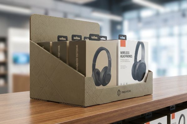A corrugated cardboard display box on a wooden counter showcasing multiple Premium Wireless Headphones product boxes with hang tabs.