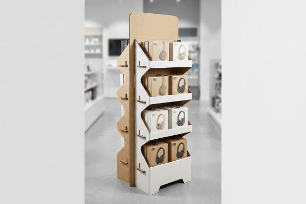 A retail store features a multi-tiered point-of-purchase display made from corrugated cardboard and white panels, showcasing boxed headphones.