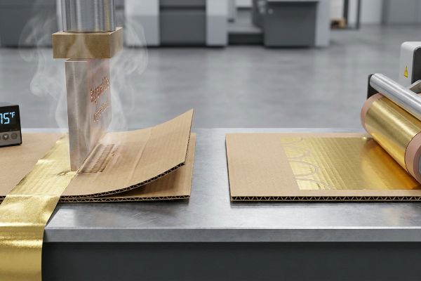 A metal die hot foil stamping 'Signature' in gold foil onto corrugated cardboard at 275°F, with steam rising from the heated process.