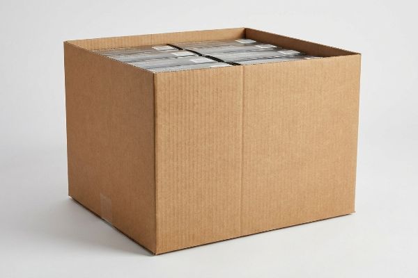 Brown corrugated cardboard HSC box, open-top, filled with dark packaged merchandise, ready for retail display or shipping.