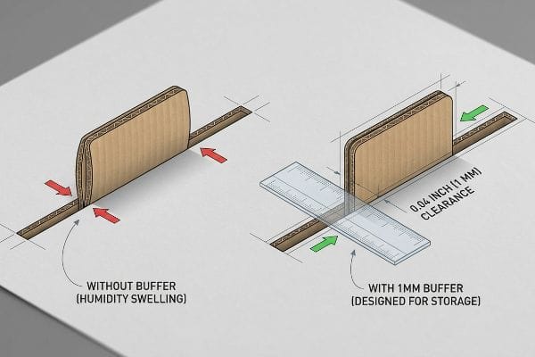Corrugated cardboard tabs show humidity swelling without a buffer, contrasted with a 0.04 Inch (1 Mm) Clearance for storage.