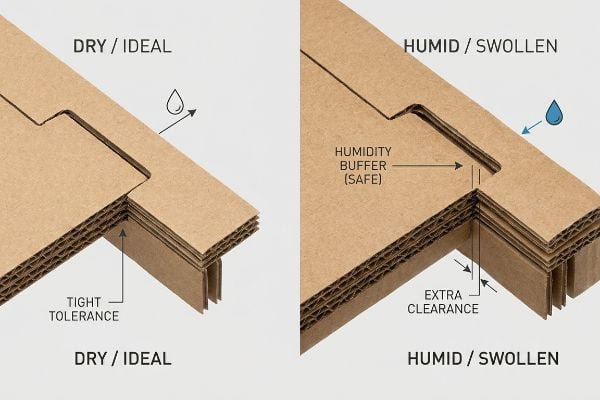 Corrugated cardboard joint comparison: Dry/Ideal with Tight Tolerance; Humid/Swollen with Humidity Buffer (Safe) and Extra Clearance, preventing moisture swelling.