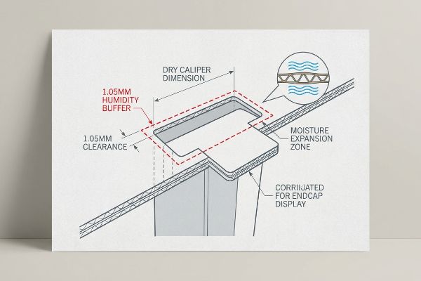 Corrugated endcap display diagram detailing 1.05mm Humidity Buffer, Dry Caliper Dimension, and Moisture Expansion Zone for assembly clearance.