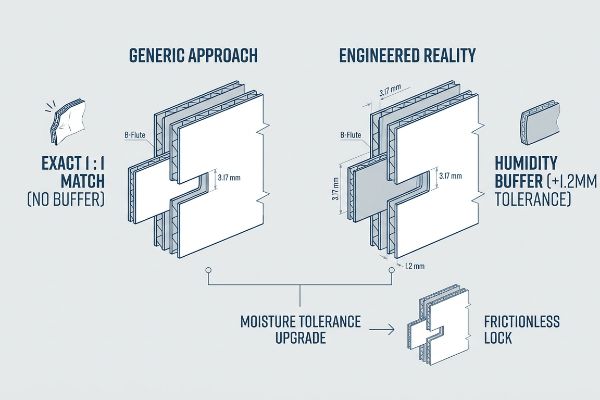 Corrugated board diagram illustrates Generic Approach's Exact 1:1 Match (No Buffer) 3.17mm slot versus Engineered Reality's Humidity Buffer (+1.2mm Tolerance) for a Frictionless Lock, detailing Moisture Tolerance Upgrade.