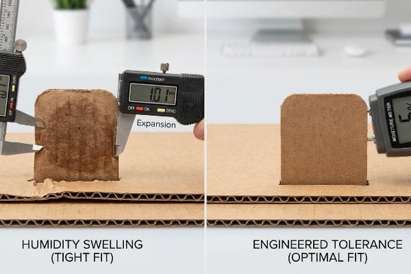 Corrugated cardboard showing Humidity Swelling (Tight Fit) with 1.01 mm expansion via caliper, contrasted with Engineered Tolerance (Optimal Fit) and 5% moisture.