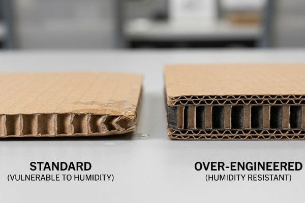 Damaged Standard (Vulnerable to Humidity) corrugated cardboard next to robust Over-Engineered (Humidity Resistant) board, illustrating humidity fatigue.