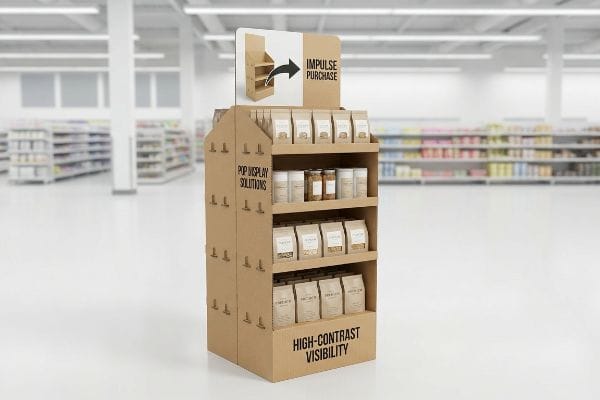 A retail store aisle showcases a corrugated cardboard POP display, featuring 