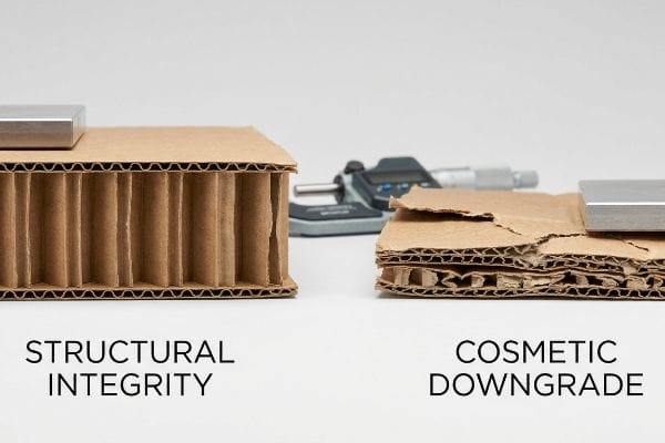 Intact corrugated board labeled 'Structural Integrity' next to a crushed, flattened board labeled 'Cosmetic Downgrade', illustrating ECT downgrade.