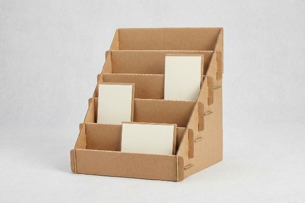 Brown B-flute corrugated cardboard five-tiered display rack with interlocking tabs, holding three blank greeting cards.