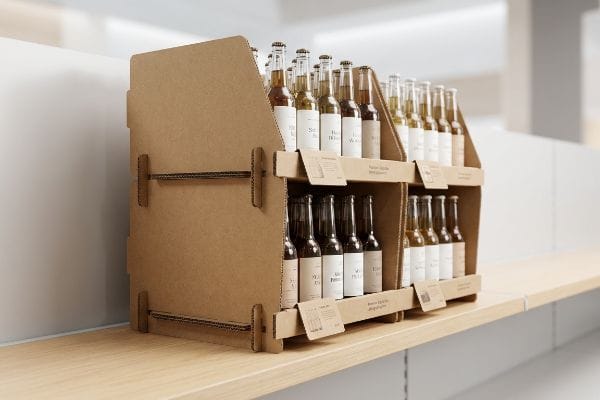 Retail shelf displays a two-tier corrugated cardboard stand with Still Water, Sparkling Water, Herbal Drink bottles, boosting impulse sales.