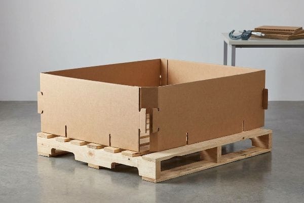 Brown 32ECT corrugated cardboard interlocking skirt on a wooden pallet, showcasing precise clearance for pallet displays.