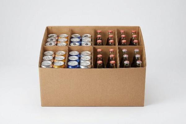 Brown corrugated cardboard dump bin with internal dividers organizing aluminum cans and glass bottles for beverage display.