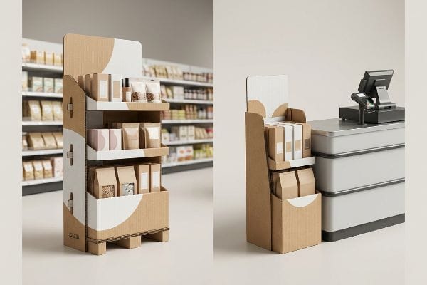 Corrugated cardboard POP and POS display stands, natural kraft and white, showcasing products in a retail aisle and checkout.