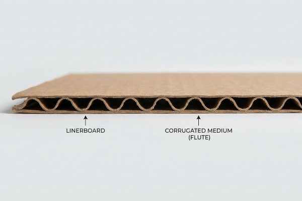 A detailed cross-section of corrugated fiberboard, showing its distinct layers with labels for Linerboard and Corrugated Medium (Flute).