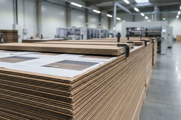 Stacks of brown corrugated cardboard sheets with white printed top layers, secured by clamps in a factory, highlighting fluting for litho-lamination.
