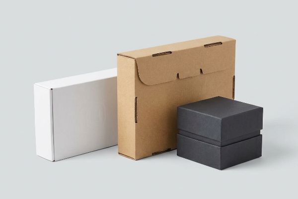 Three distinct custom boxes: a white rectangular, brown corrugated mailer, and black two-piece rigid box, highlighting diverse packaging options.